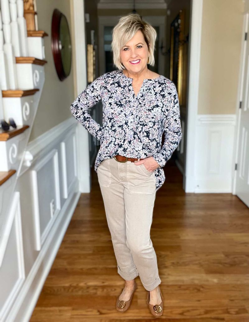 Patterned Blouse with Cropped Jeans and Ballet Flats