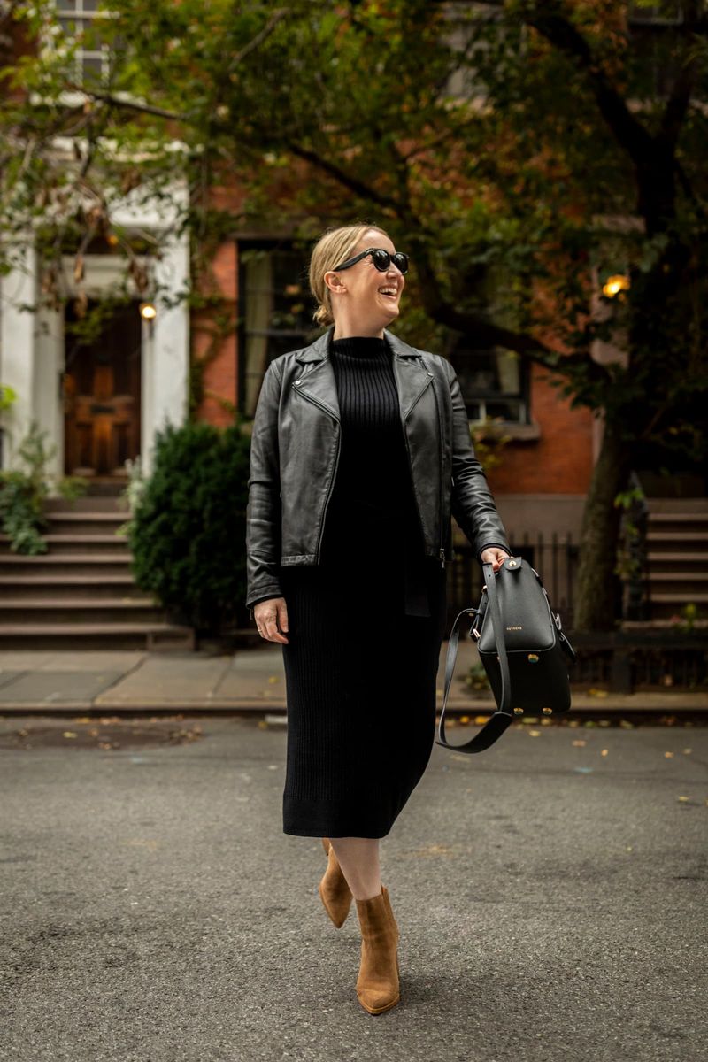 Slip Skirt with Leather Jacket