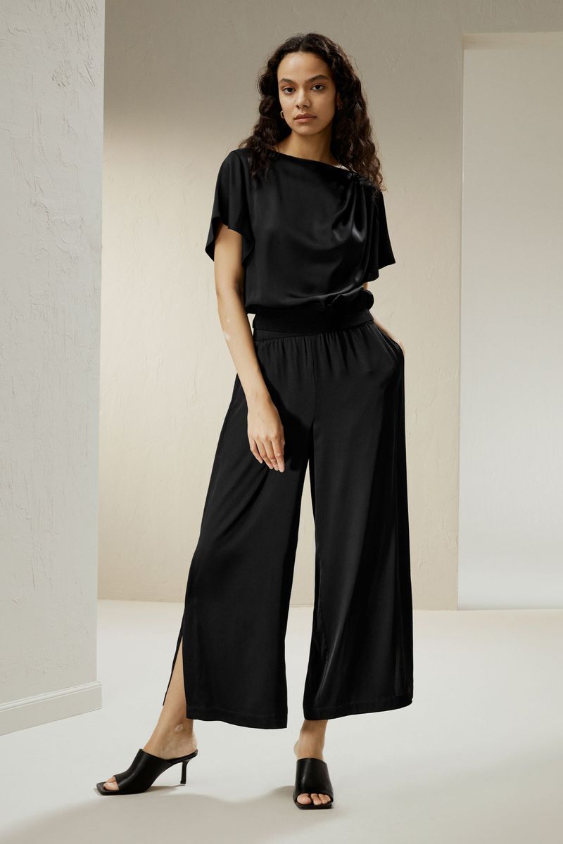 Silk-Blend Wide Leg Trousers