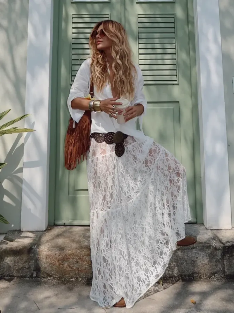Gauzy White Maxi Skirt with Ribbed Tank