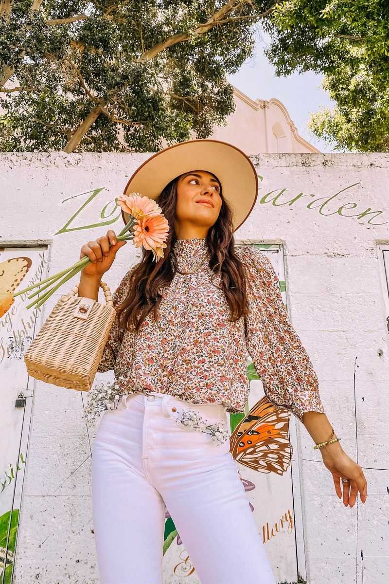 Sun Hat and Floral Blouse
