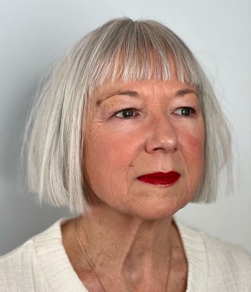 Blunt Silver Bob With Baby Bangs