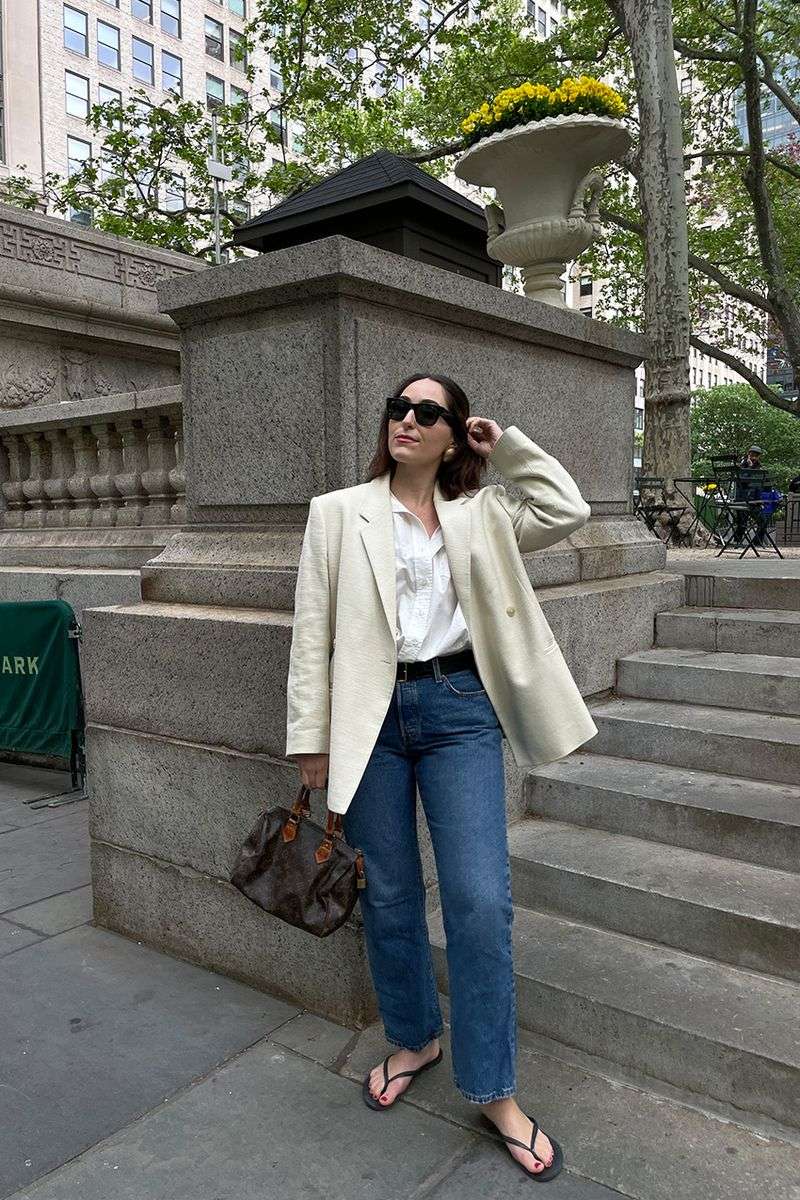 Minimalist Flip-Flops with Oversized Blazers