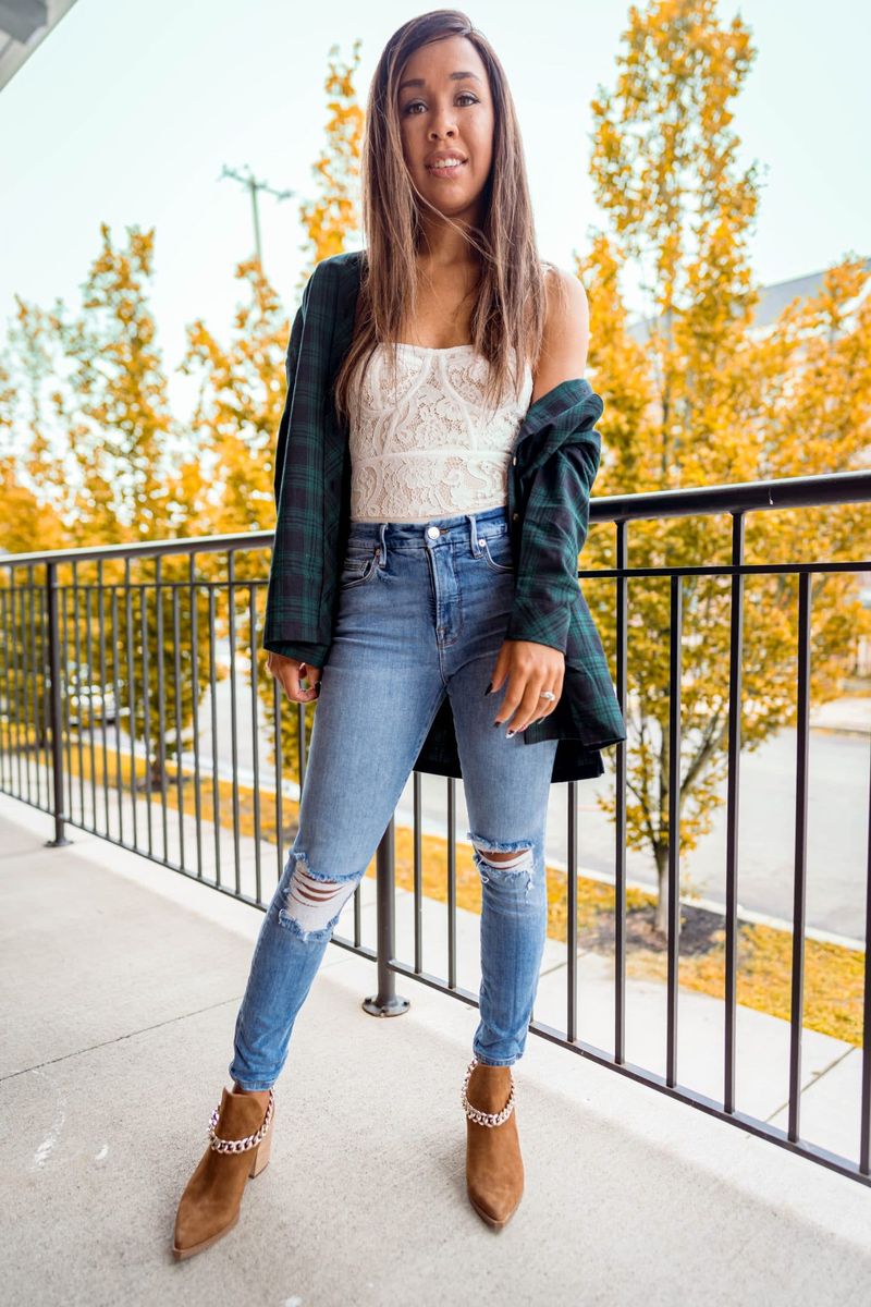 Oversized Flannel with Crop Top and High-Waisted Jeans