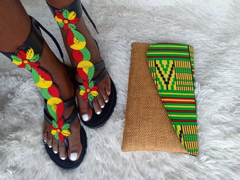 Embellished Flat Sandals and Beaded Bucket Bag