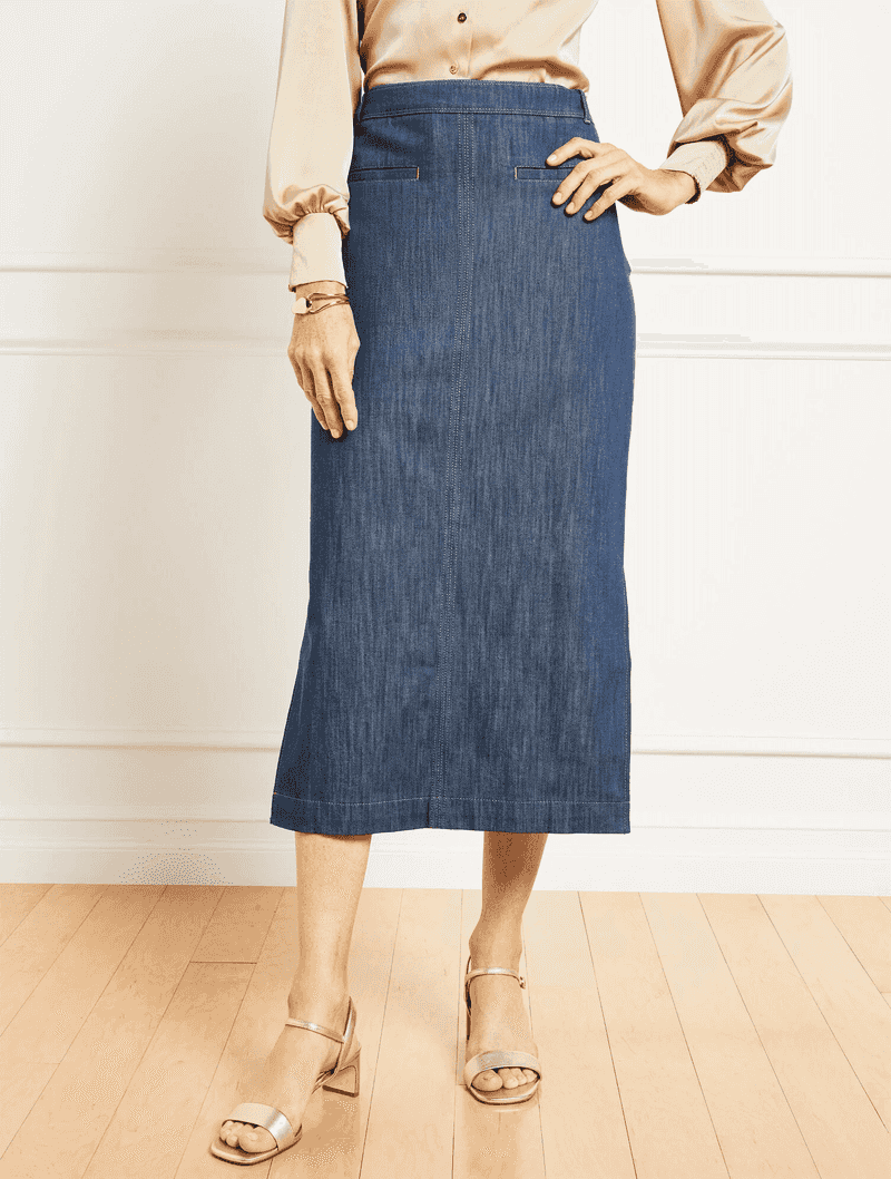 Low-Heel Pumps with Straight Midi Skirts