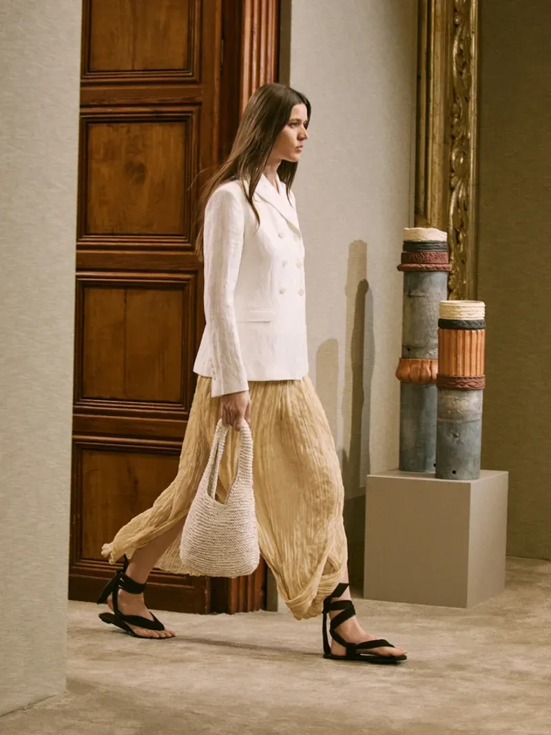 Sculptural Heel Sandals With Pleated Trousers