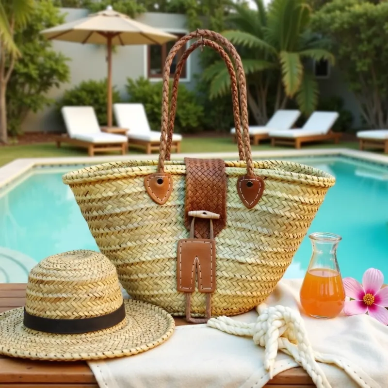 Straw Tote with Leather Trim