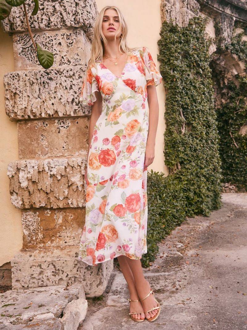 Floral Flutter-Sleeve Midi