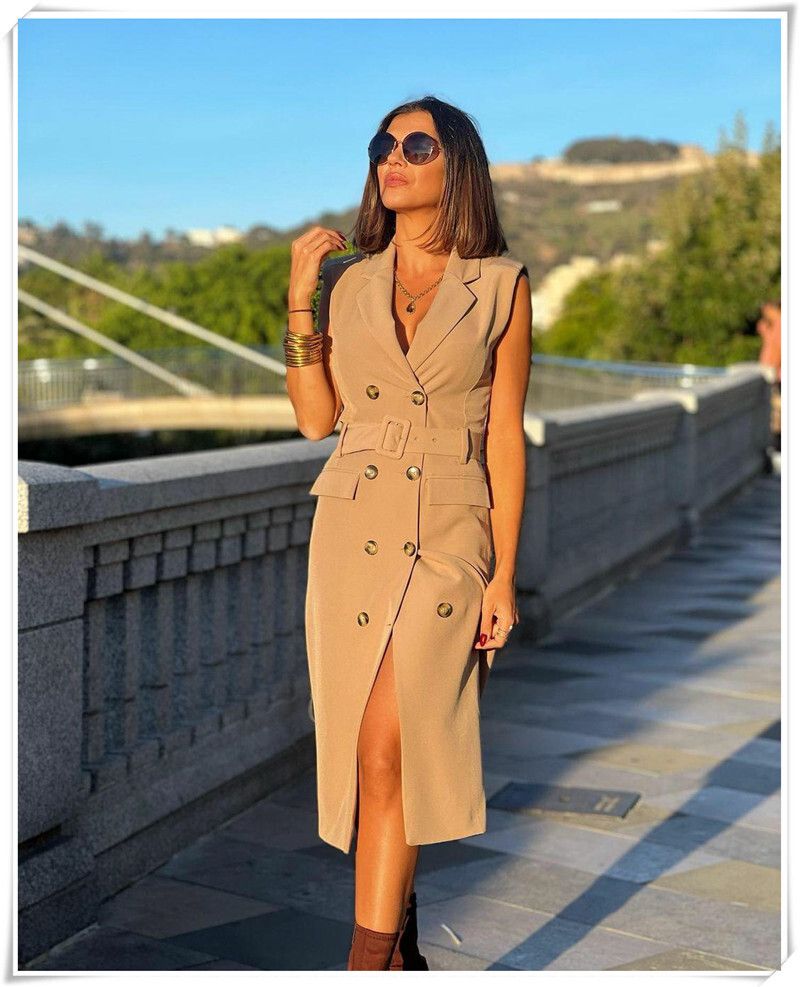 Sleeveless Trench Coat and Dress Combo
