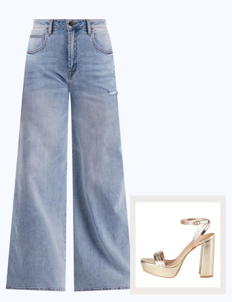 Flared Jeans & Metallic Strappy Heels