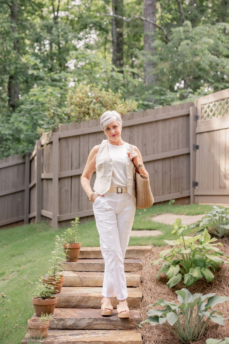 Layered Linen Vest Over Simple Tank