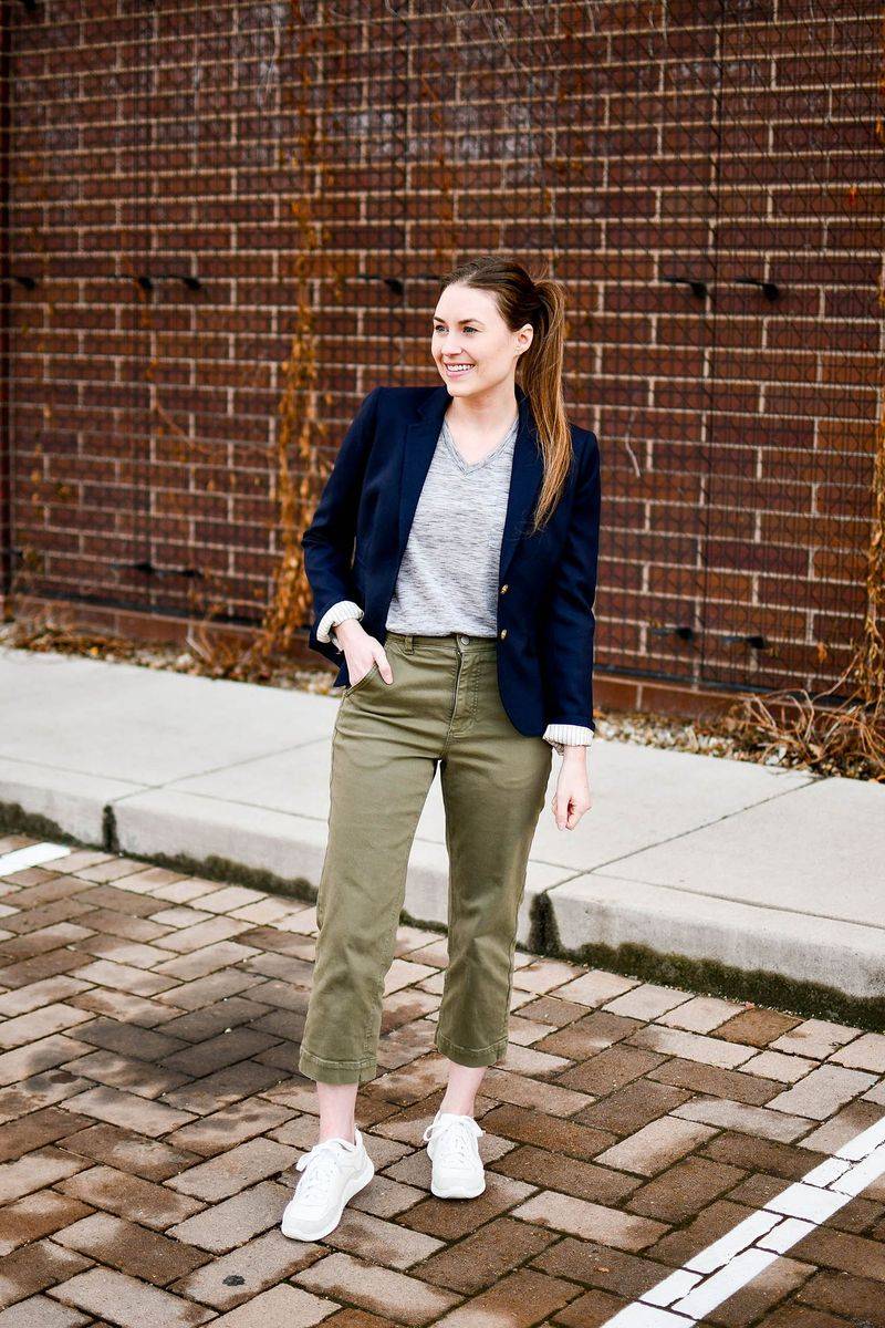 Colorful Chinos with Neutral Sneakers