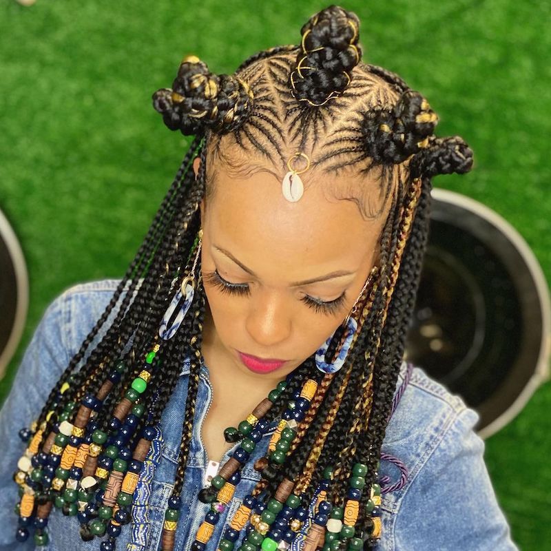 Braided Bantu Knots With Beaded Ends
