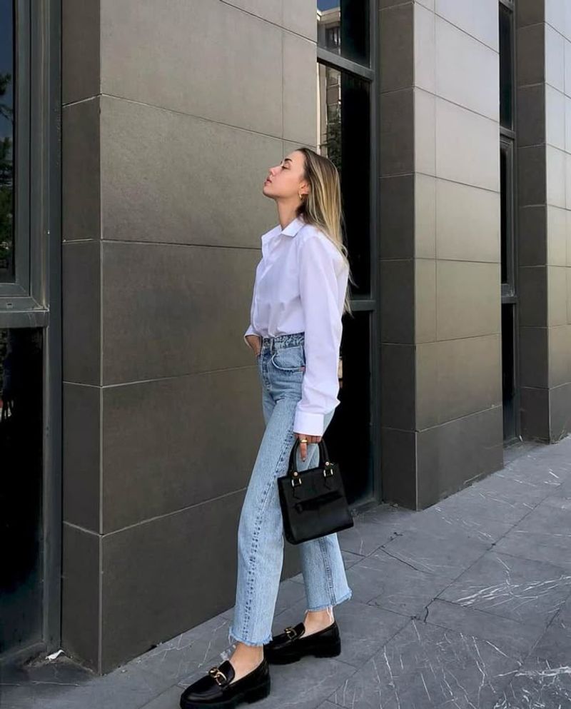 Button-Down + High-Waisted Trousers + Loafers