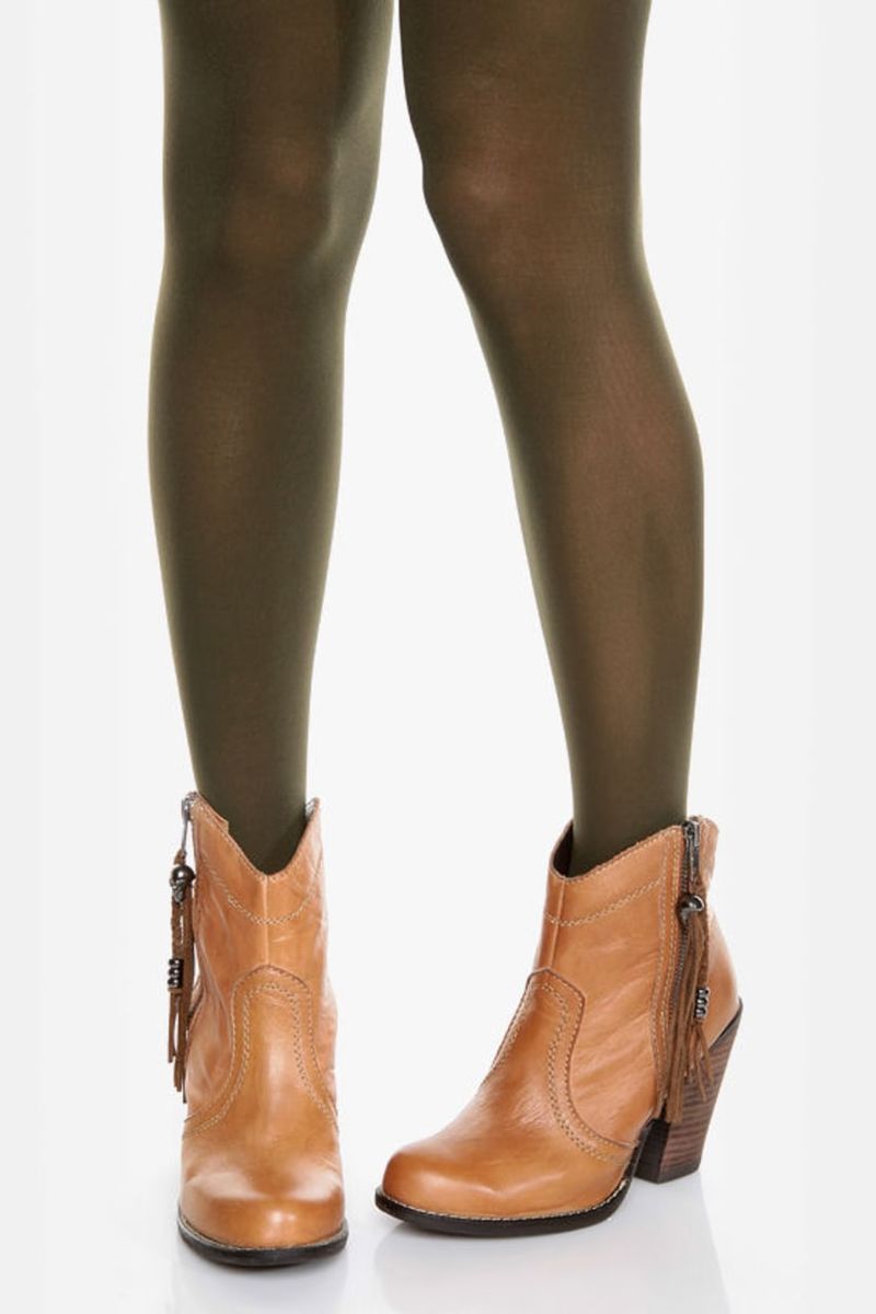 Olive Green Tights with Beige Ankle Boots
