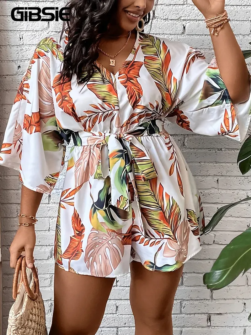 Tropical Print Kimono-Sleeve Jumpsuit