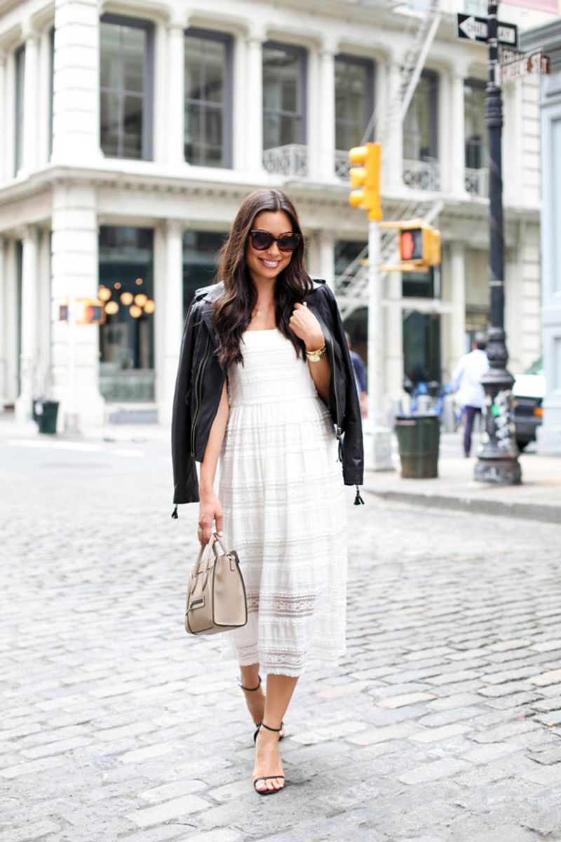 Leather Jacket and Feminine Dress