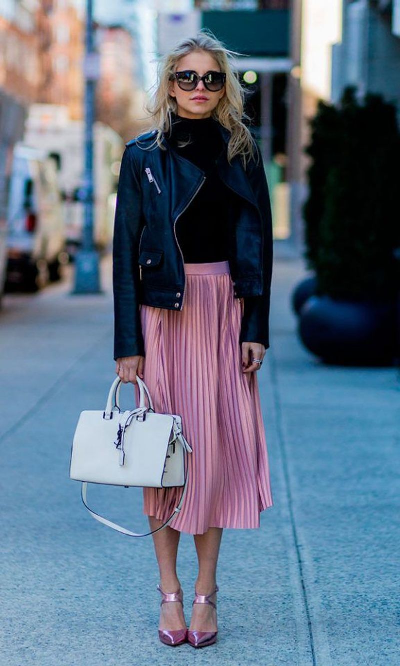 Leather Jacket and Silk Midi Skirt