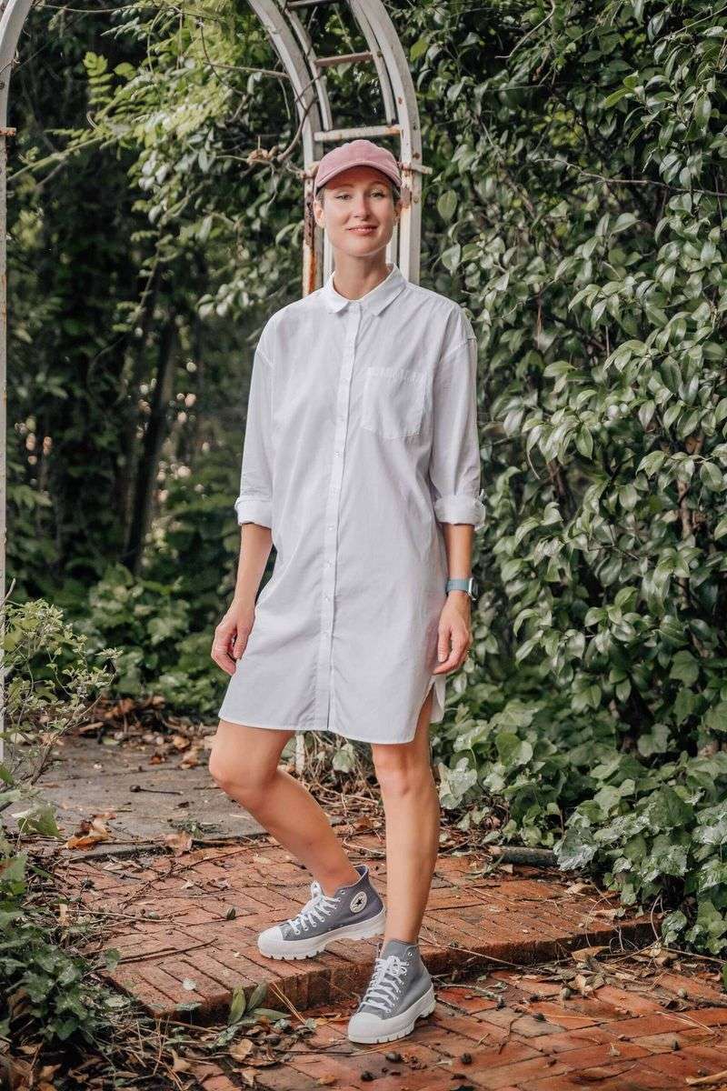 Button-Down Shirt Dress and Sneakers