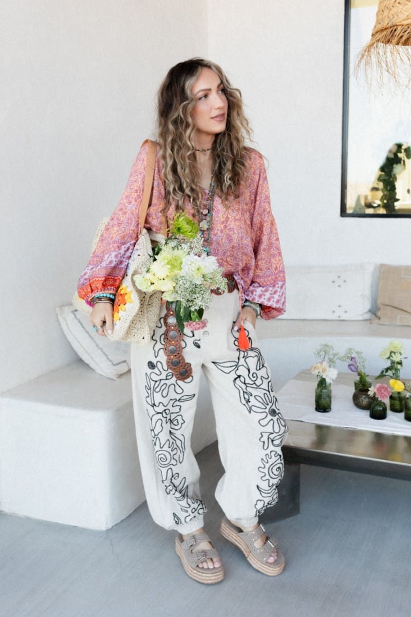 Embroidered Bohemian Linen Pants