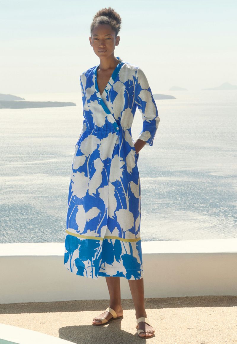 Wrap-Style Linen Dress With Subtle Pattern