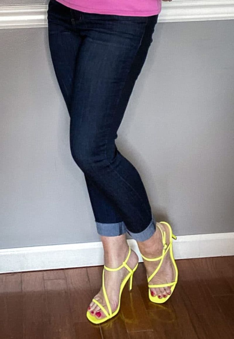 Straight-Leg Jeans & Neon Strappy Heels