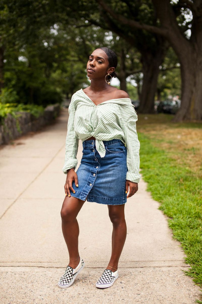 Denim Skirt + Off-Shoulder Top
