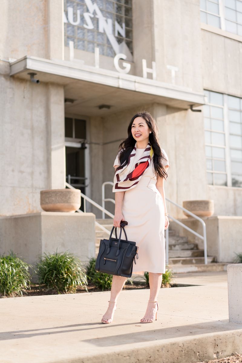 Silk Scarf and Sleeveless Dress