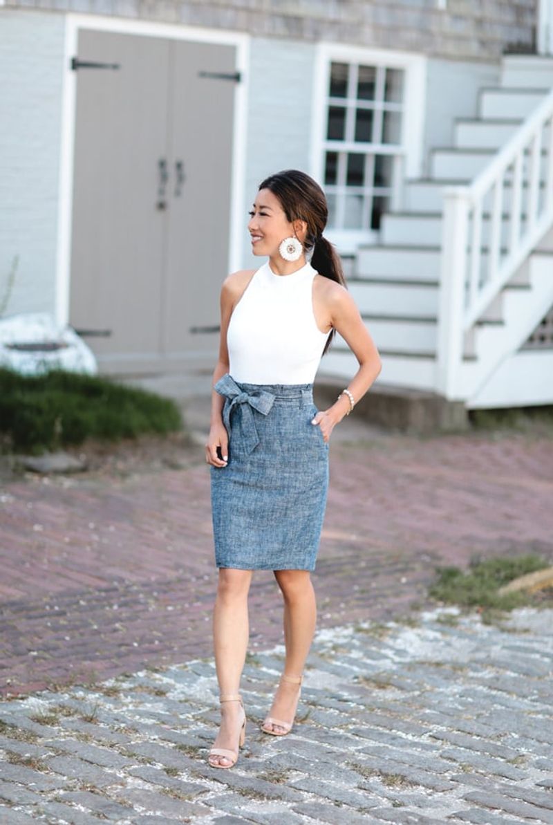 White Halter Top with Denim Pencil Skirt