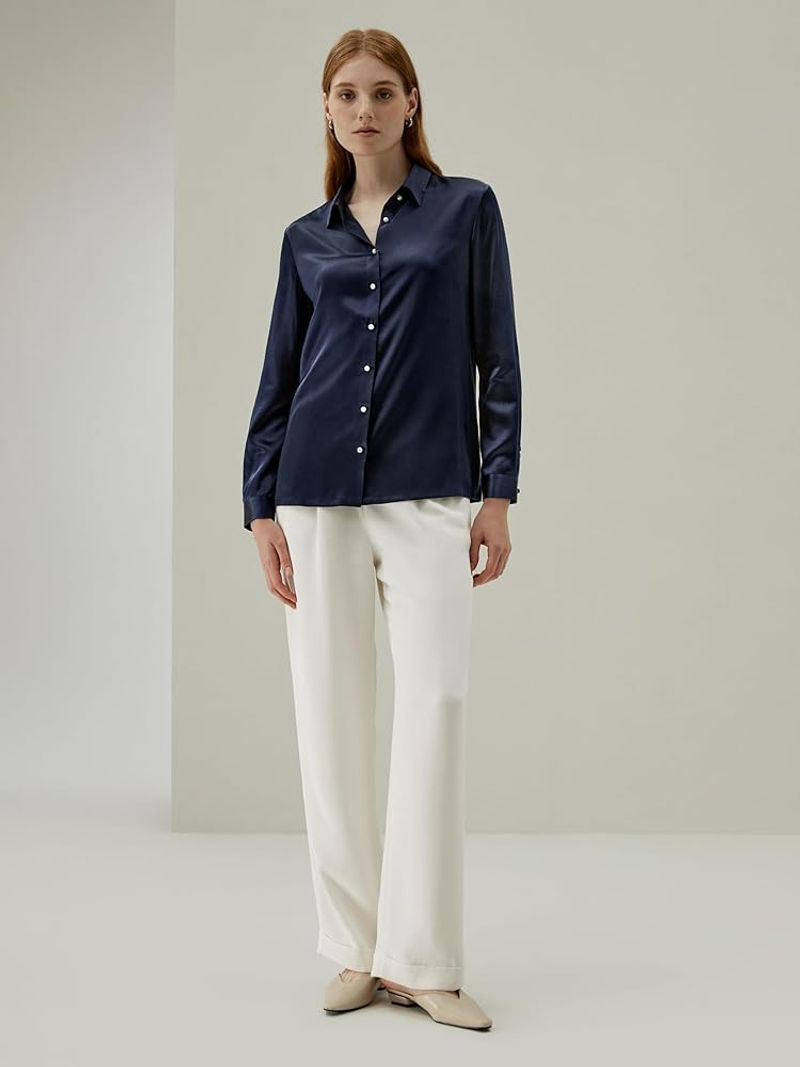 Silk Blouse and Pearl Earrings