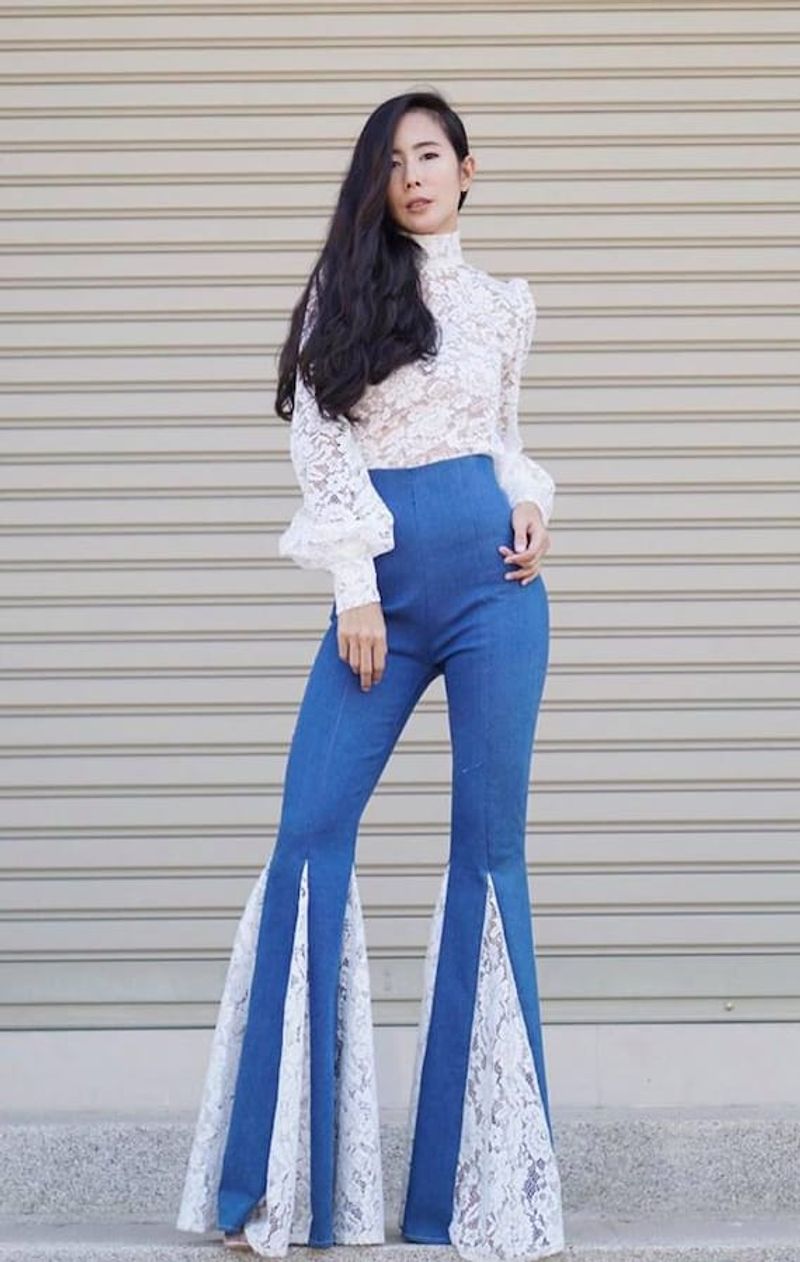 White Lace Top with Denim Flare Pants