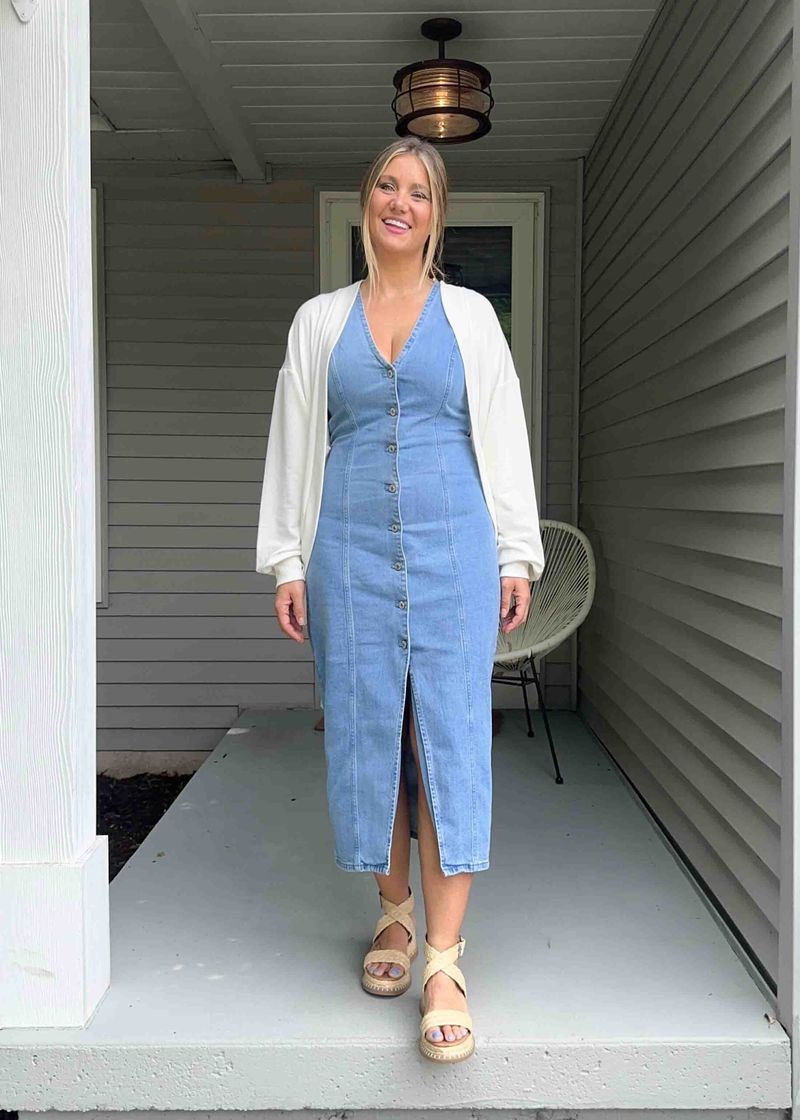 White Cardigan with Denim Dress
