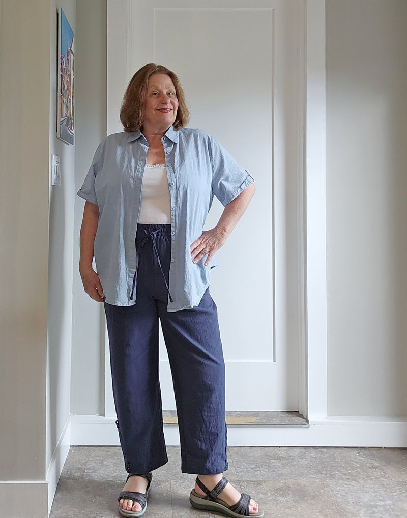 Loose Linen Shirt Over Cotton Tank with Drawstring Pants