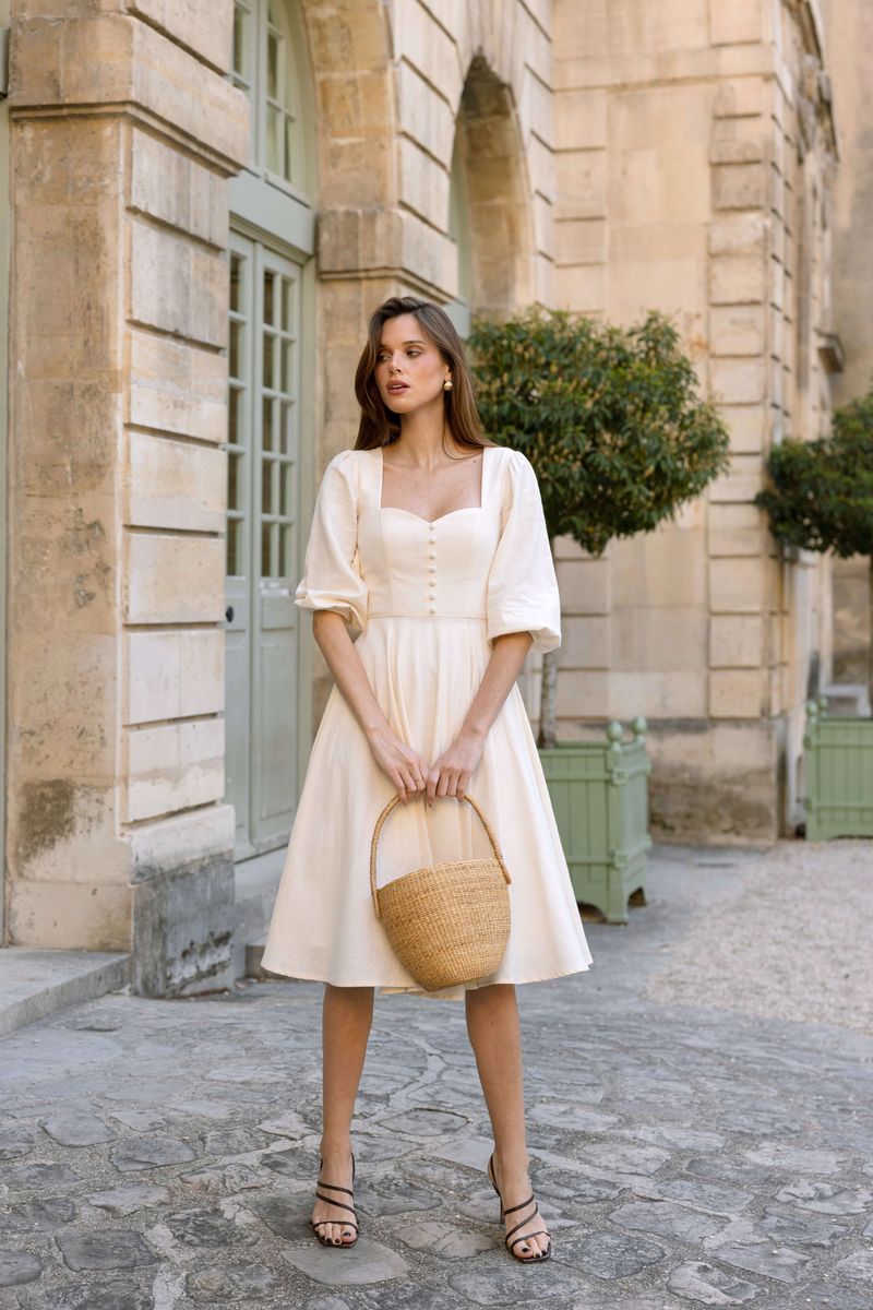 Linen Midi Dress with Statement Sleeves