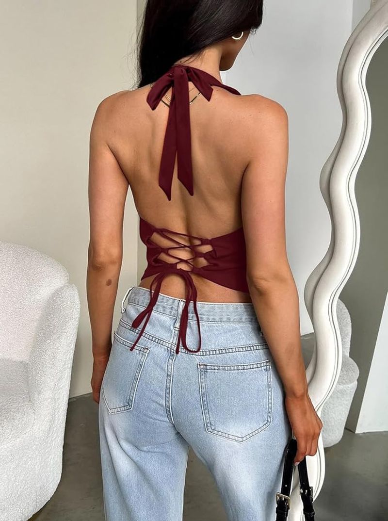 Backless Halter with High-Rise Straight Jeans