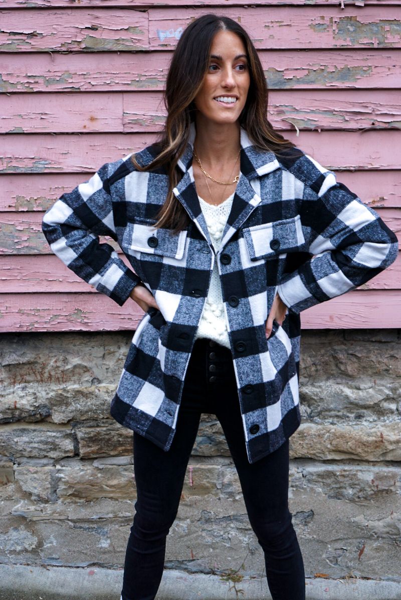 Shacket + Turtleneck + Straight-Leg Jeans
