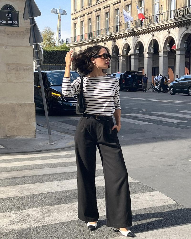 Trench Coat + Striped Top + Wide-Leg Pants