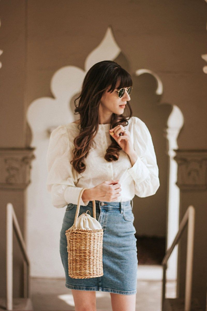 Denim Skirt & Puff Sleeve Blouse