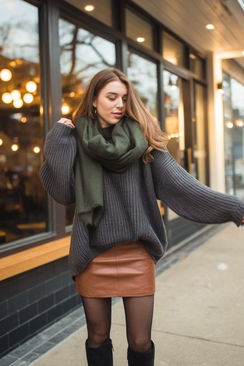 Leather Mini with Chunky Knit and Knee Boots