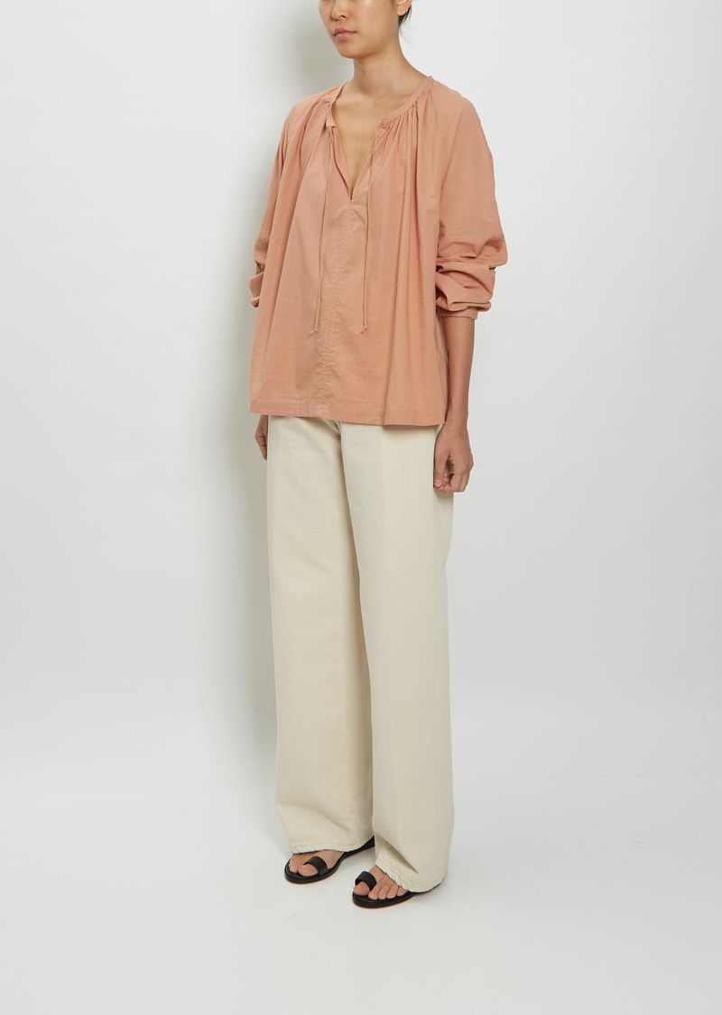 Split-Neck Linen Peasant Top