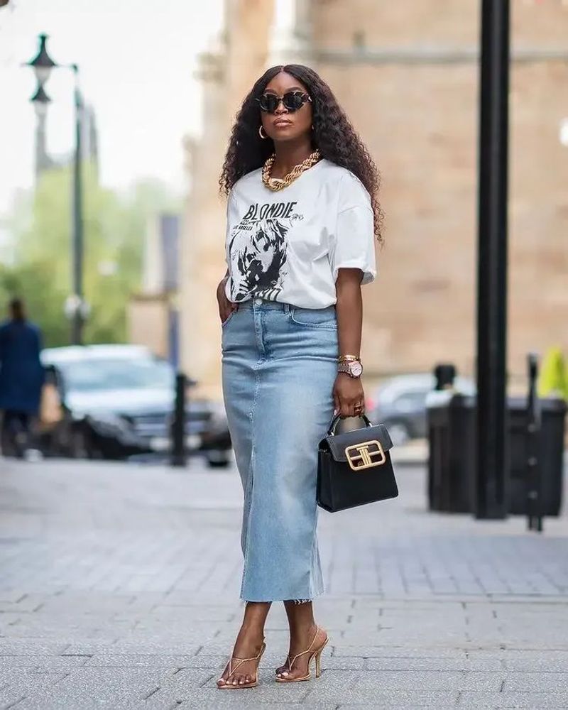 Denim Midi Skirt & Graphic Tee