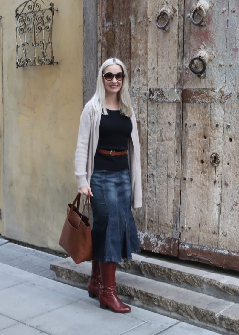 Peasant Blouse + Denim Midi Skirt + Ankle Boots