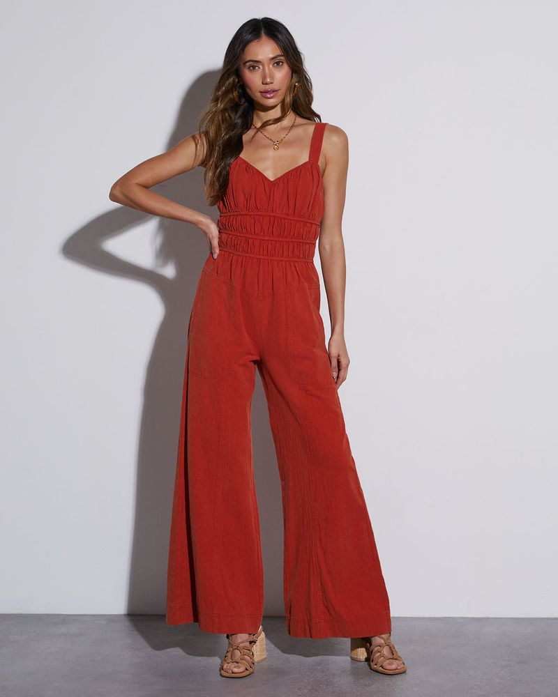 Smocked-Waist Linen Jumpsuit