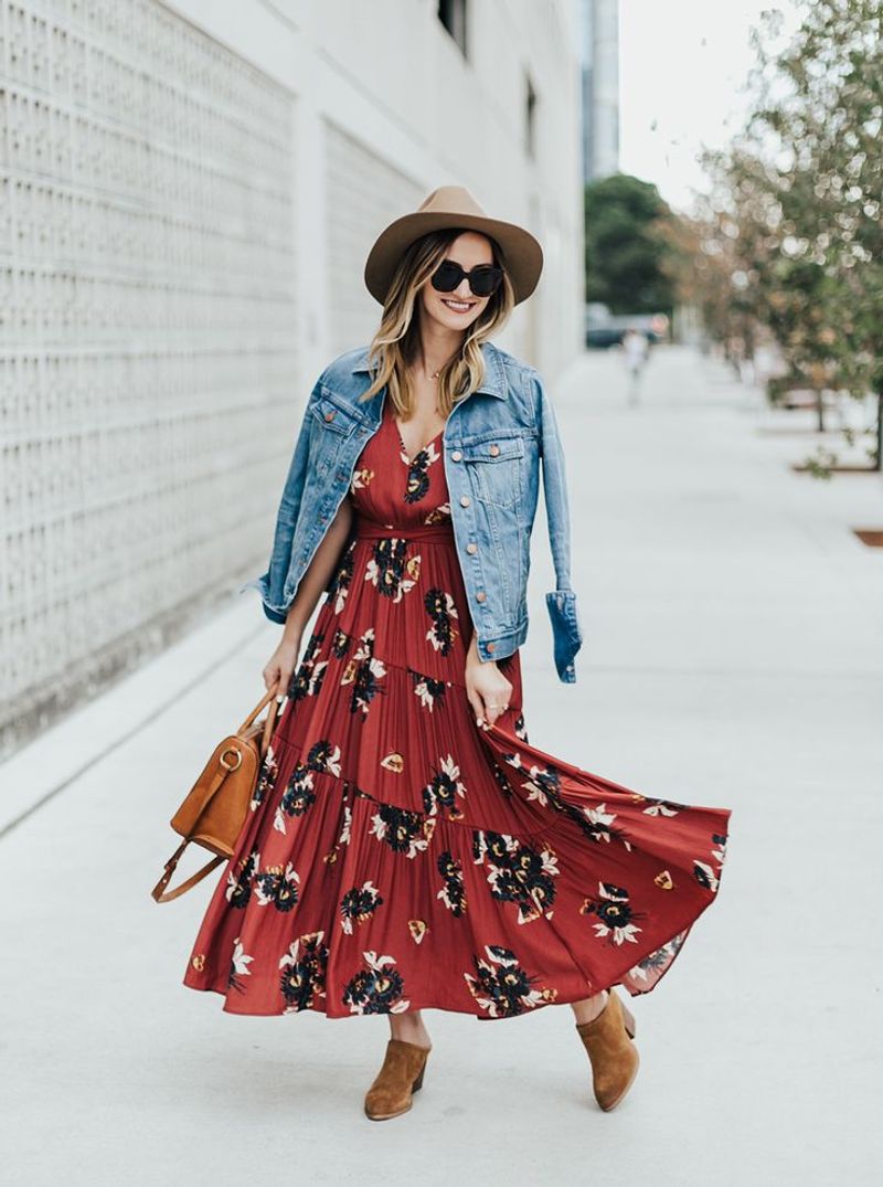 Maxi Dress + Denim Jacket + Ankle Boots