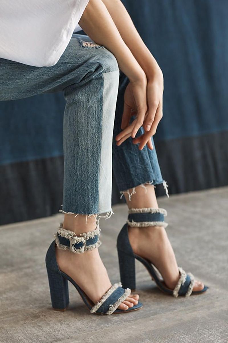 Embellished Denim and Minimalist Heeled Sandals