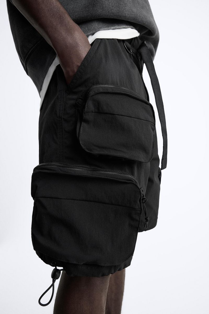 Black Linen Cargo Shorts