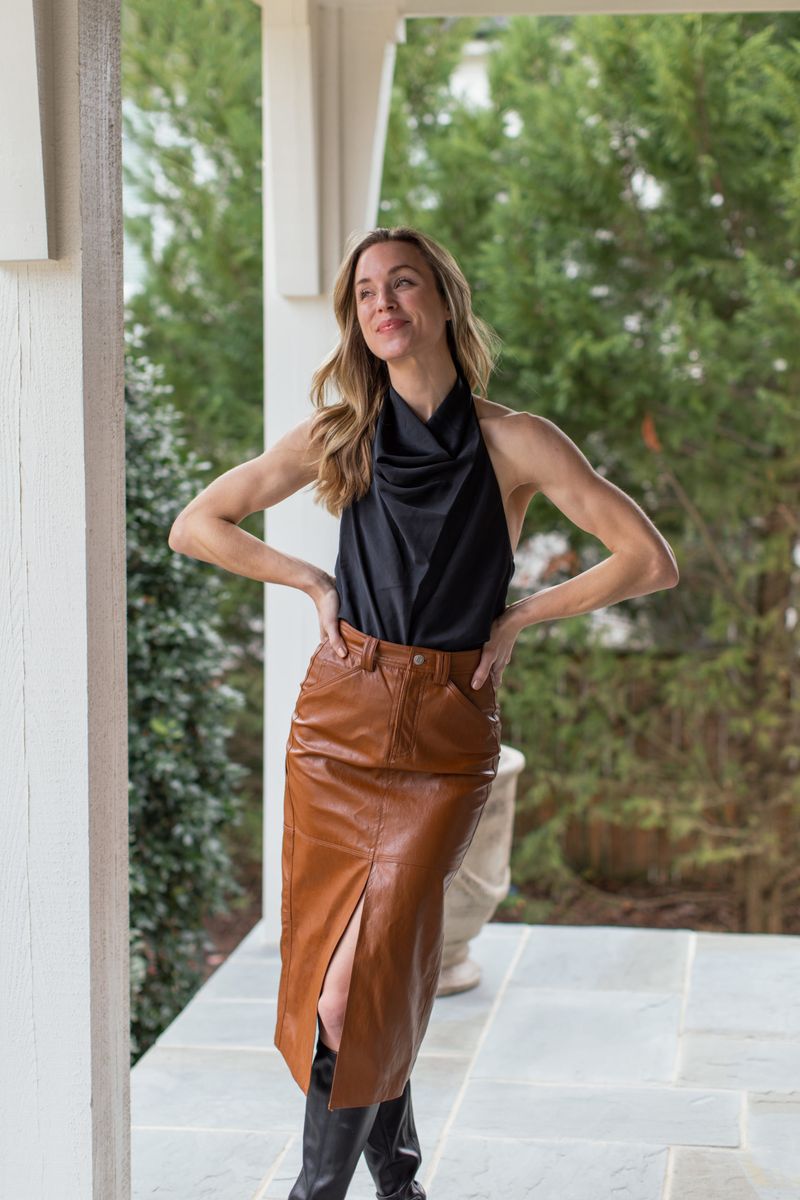 Silk Blouse + Leather Skirt + Heeled Boots