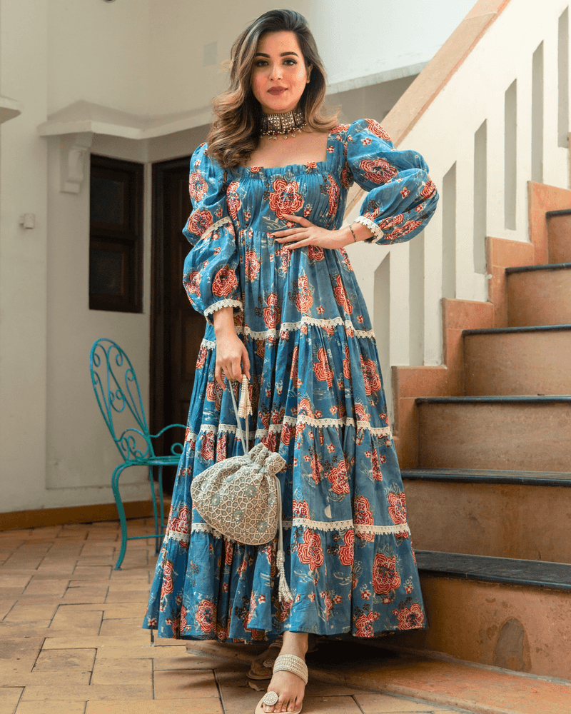 Tiered Midi Dresses with Balloon Sleeves