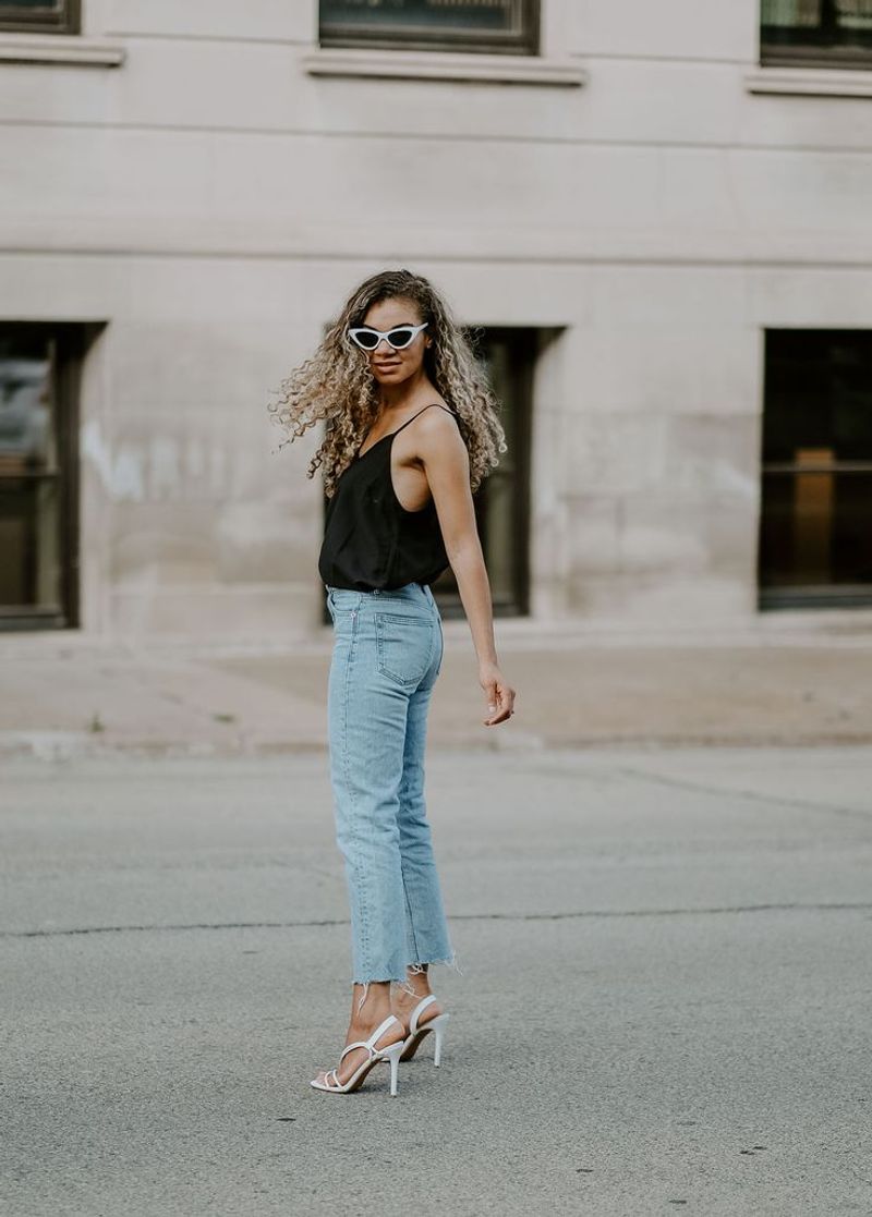 Boyfriend Jeans & White Strappy Sandals